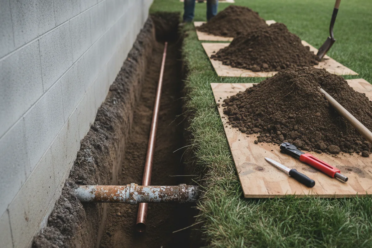 Excavated water line trench during Sewer Line Repair in Richland